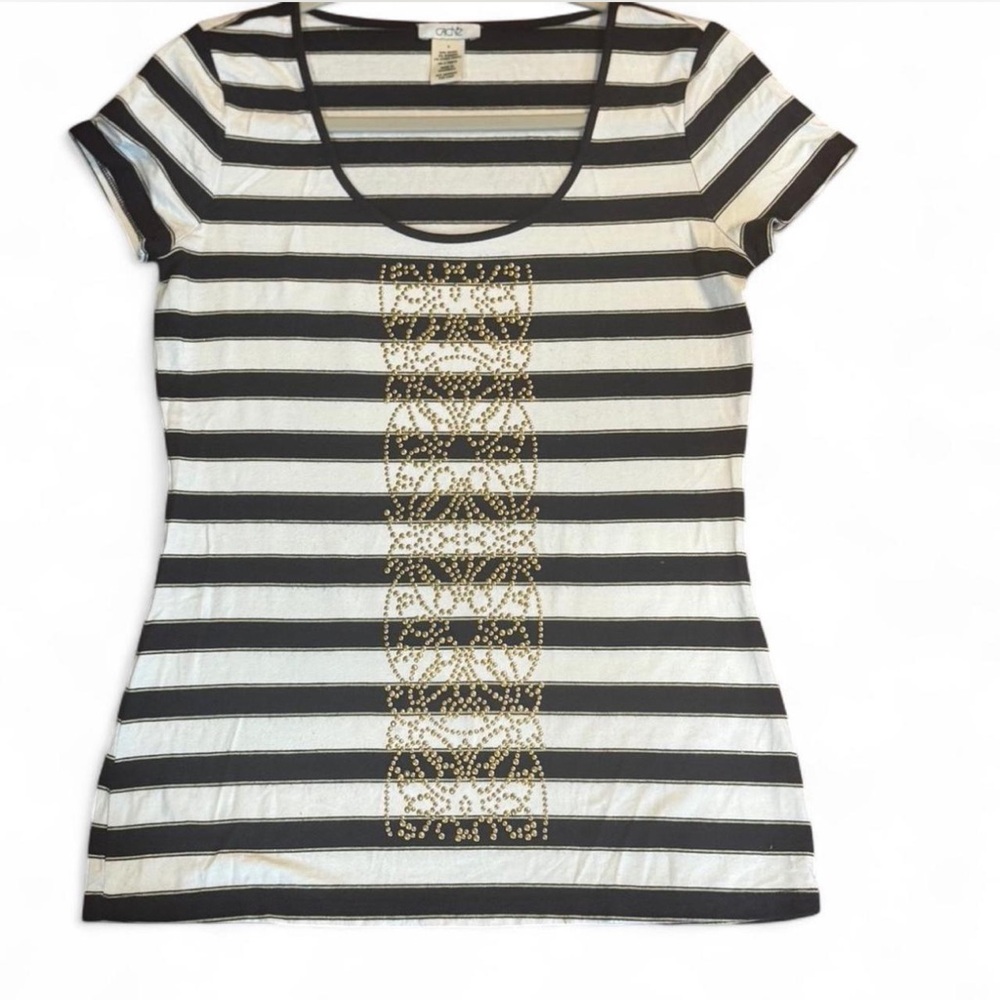 Cache Striped Embellished Fitted Tee - Small